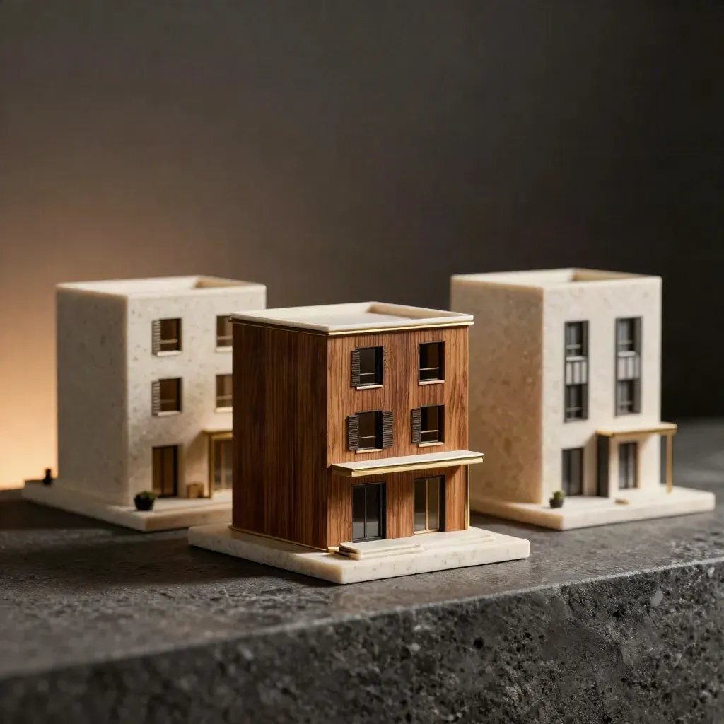 Tre facciate di lusso in miniatura su basamenti, una scelta in primo piano e due sullo sfondo.