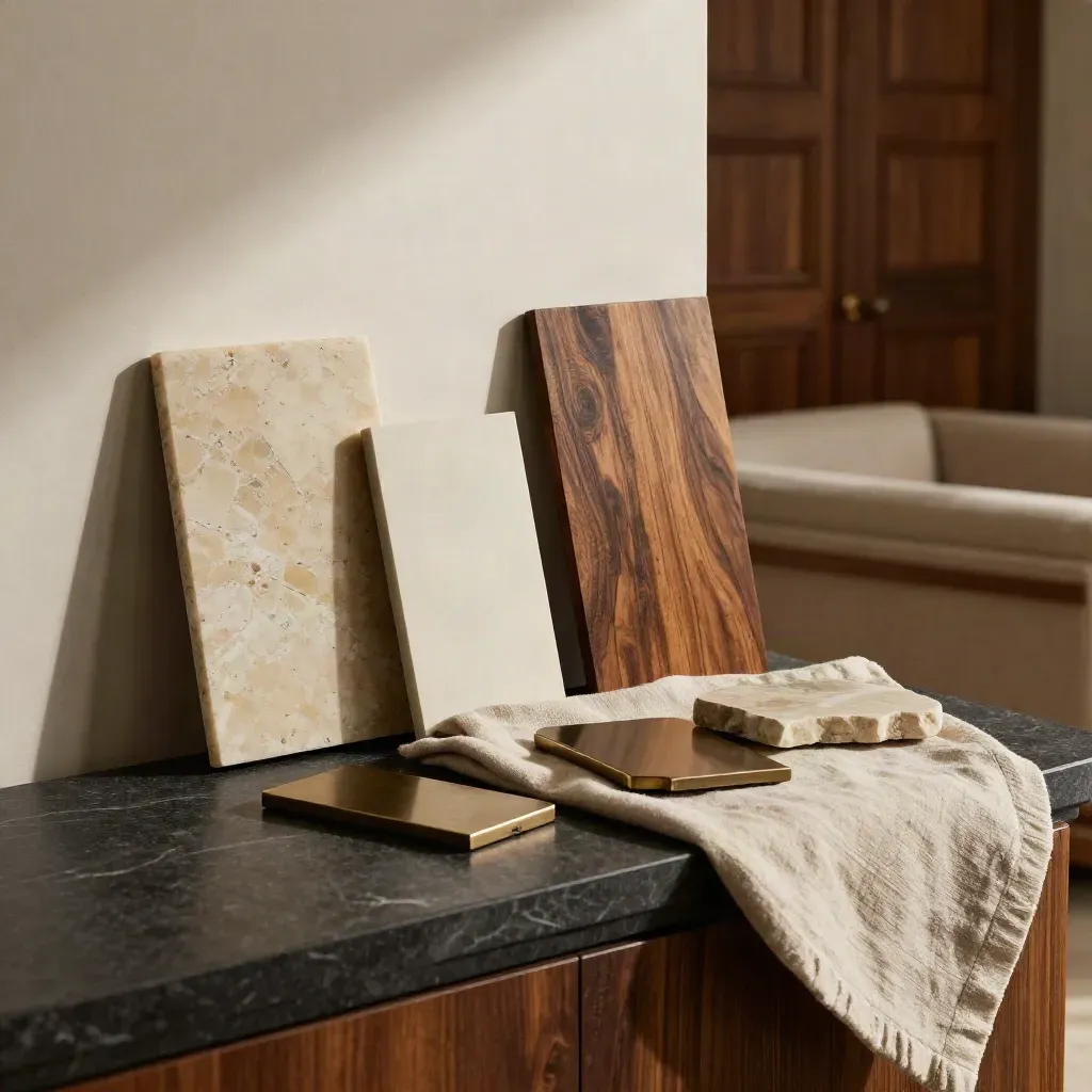 Campioni di pietra, rovere, intonaco e bronzo su una console in un salotto luminoso.