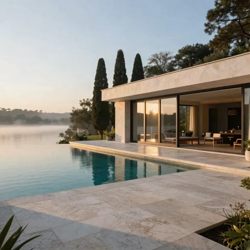 Villa di lusso sul lago all’alba, con piscina a sfioro e terrazza in travertino.