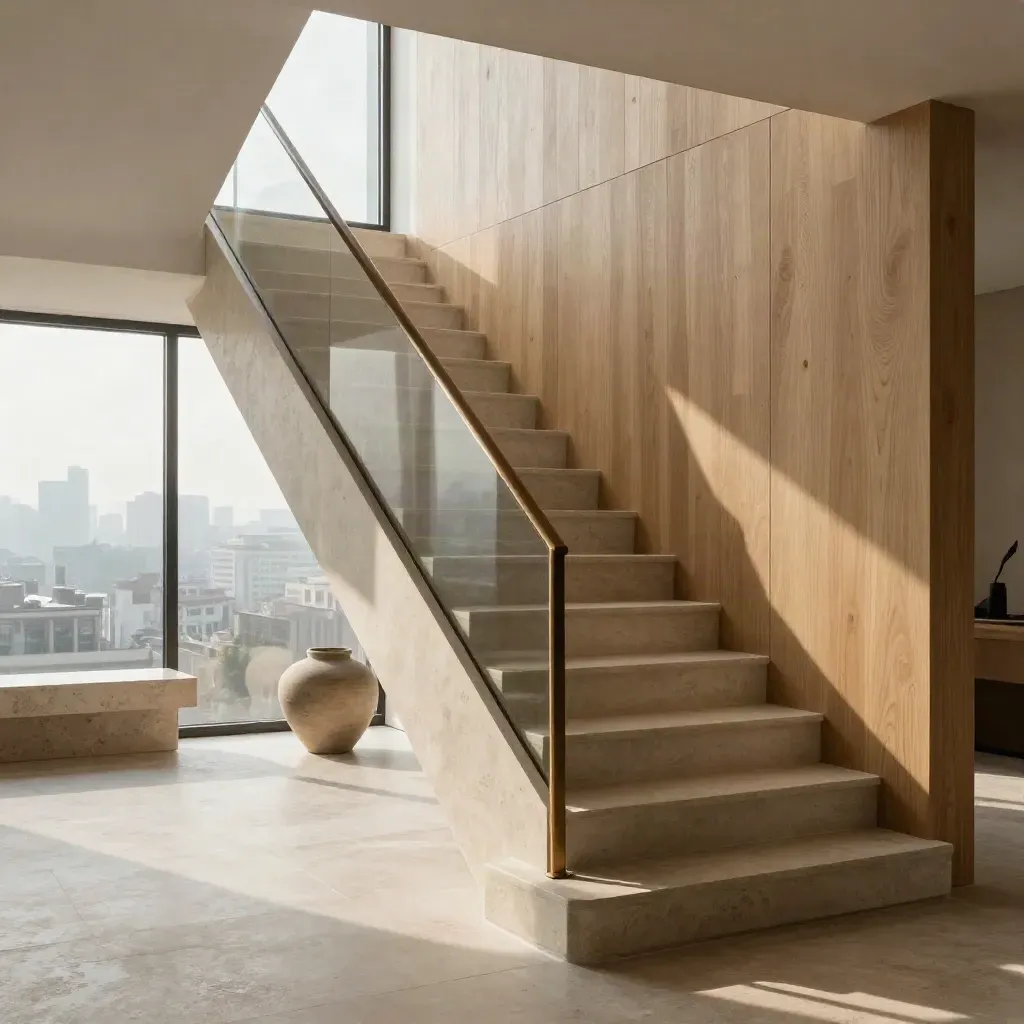 Attico duplex luminoso con scala scultorea e skyline urbano lontano.