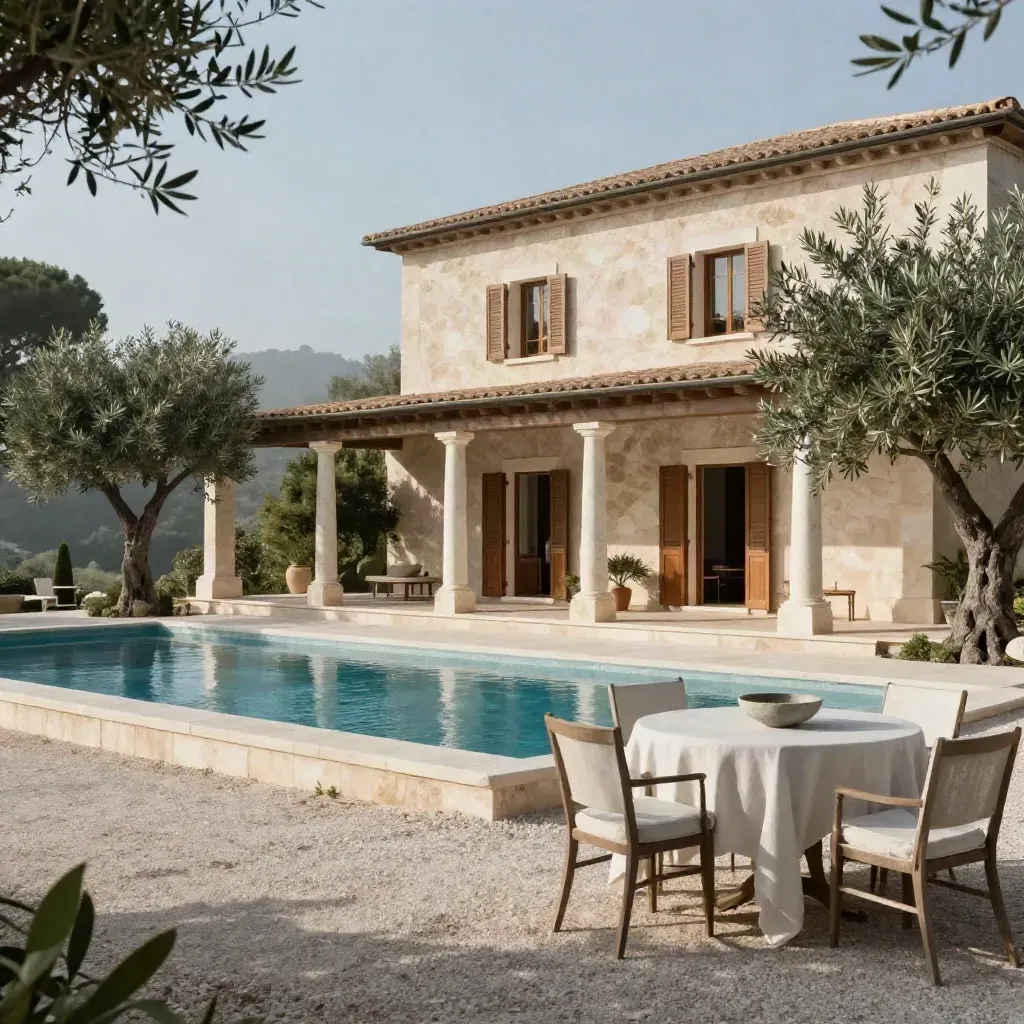Villa mediterranea di lusso con piscina, ulivi e tavolo outdoor elegante.
