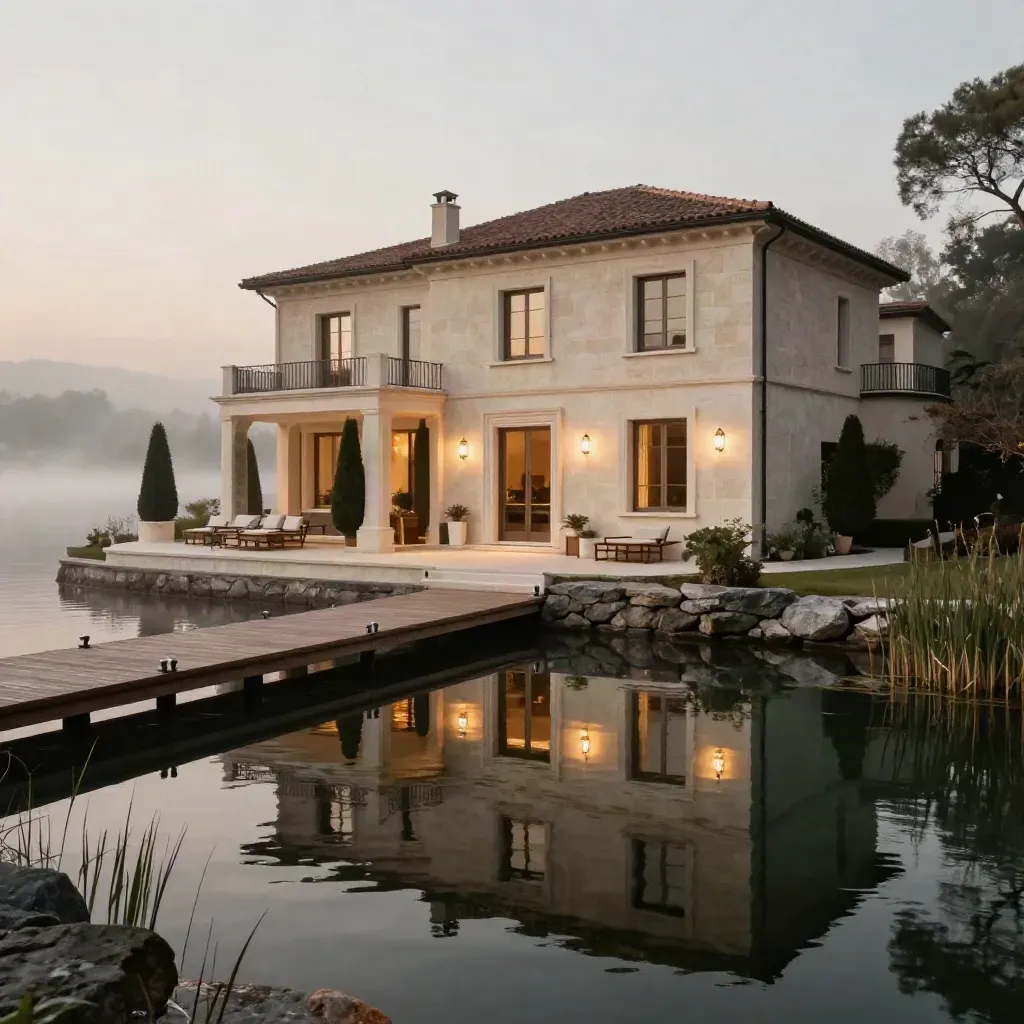 Villa sul lago venduta al crepuscolo, terrazza illuminata e acqua immobile con lieve nebbia.