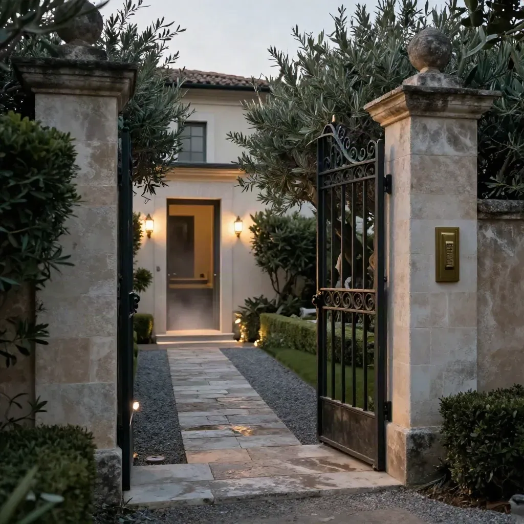 Ingresso di villa di lusso con cancello in ferro, sentiero in pietra e luci soffuse accese.