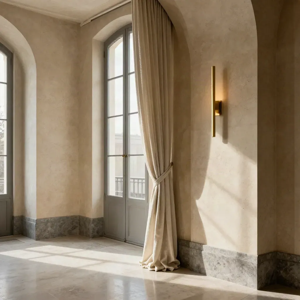 Appartamento storico a Roma Nord con travertino, archi e finestre alte nella luce.
