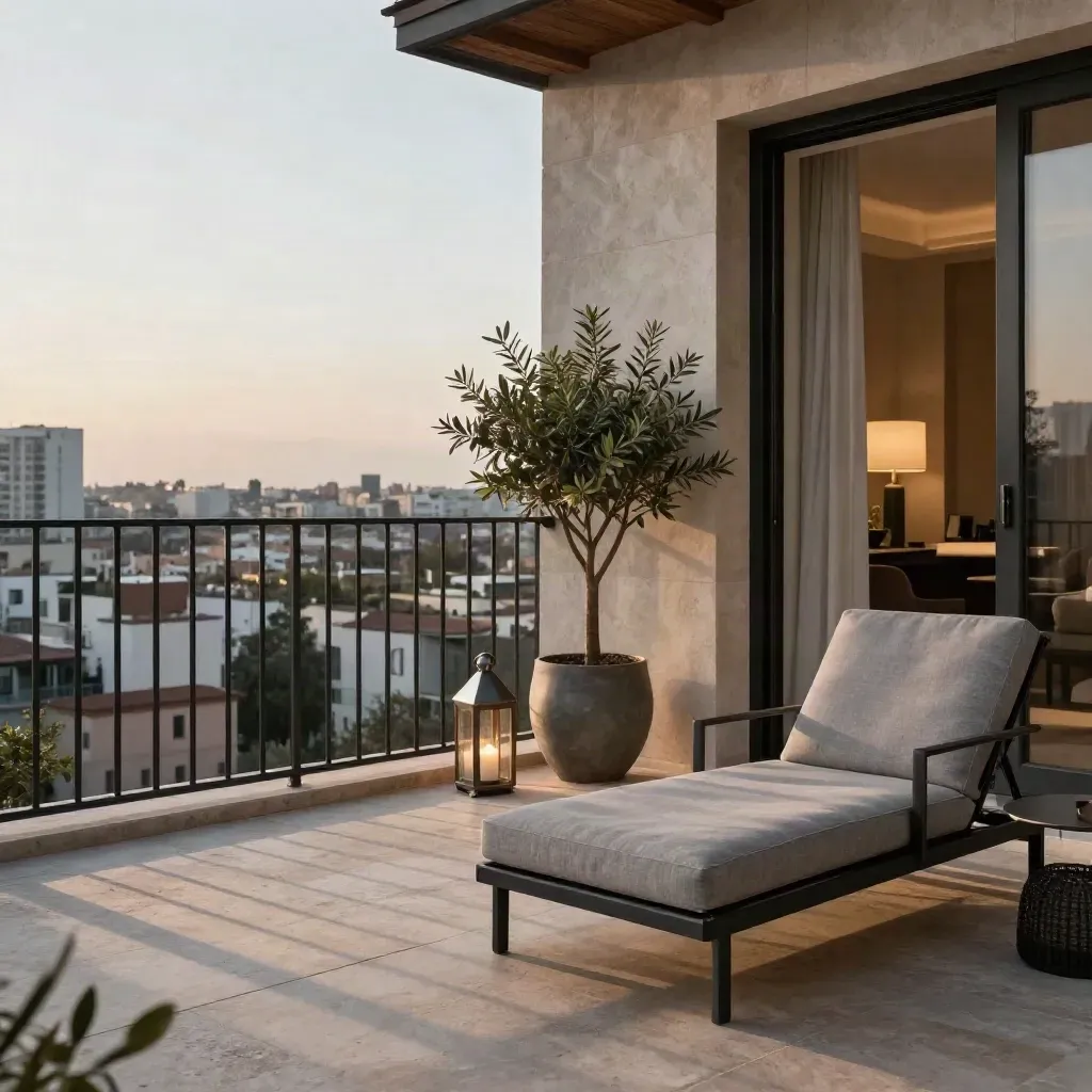 Attico milanese con terrazza pronta, ringhiera nera e skyline al tramonto.