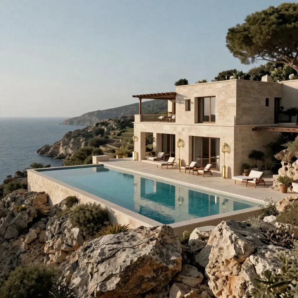 Villa costiera in Costa Smeralda con piscina, rocce granitiche e mare lontano.