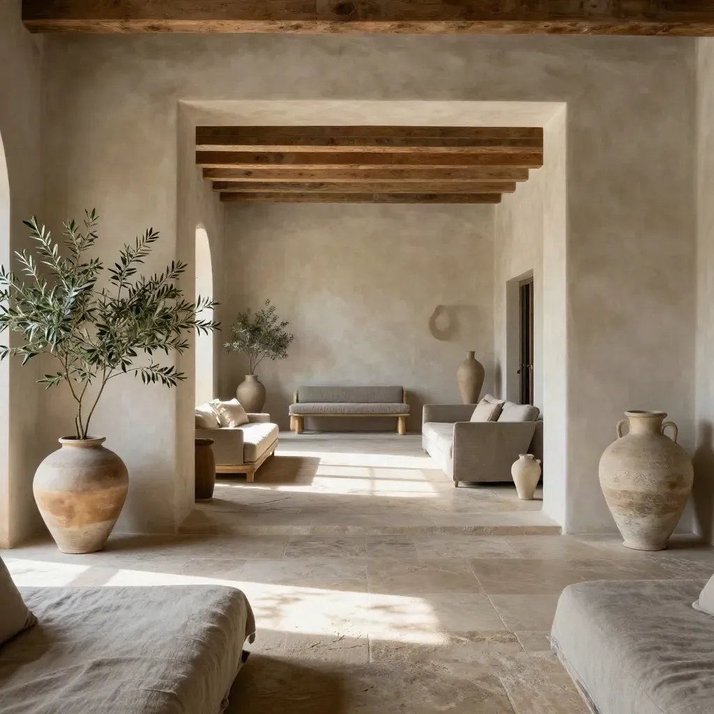 Villa toscana luminosa con staging in lino, ceramiche opache e rami d’ulivo.