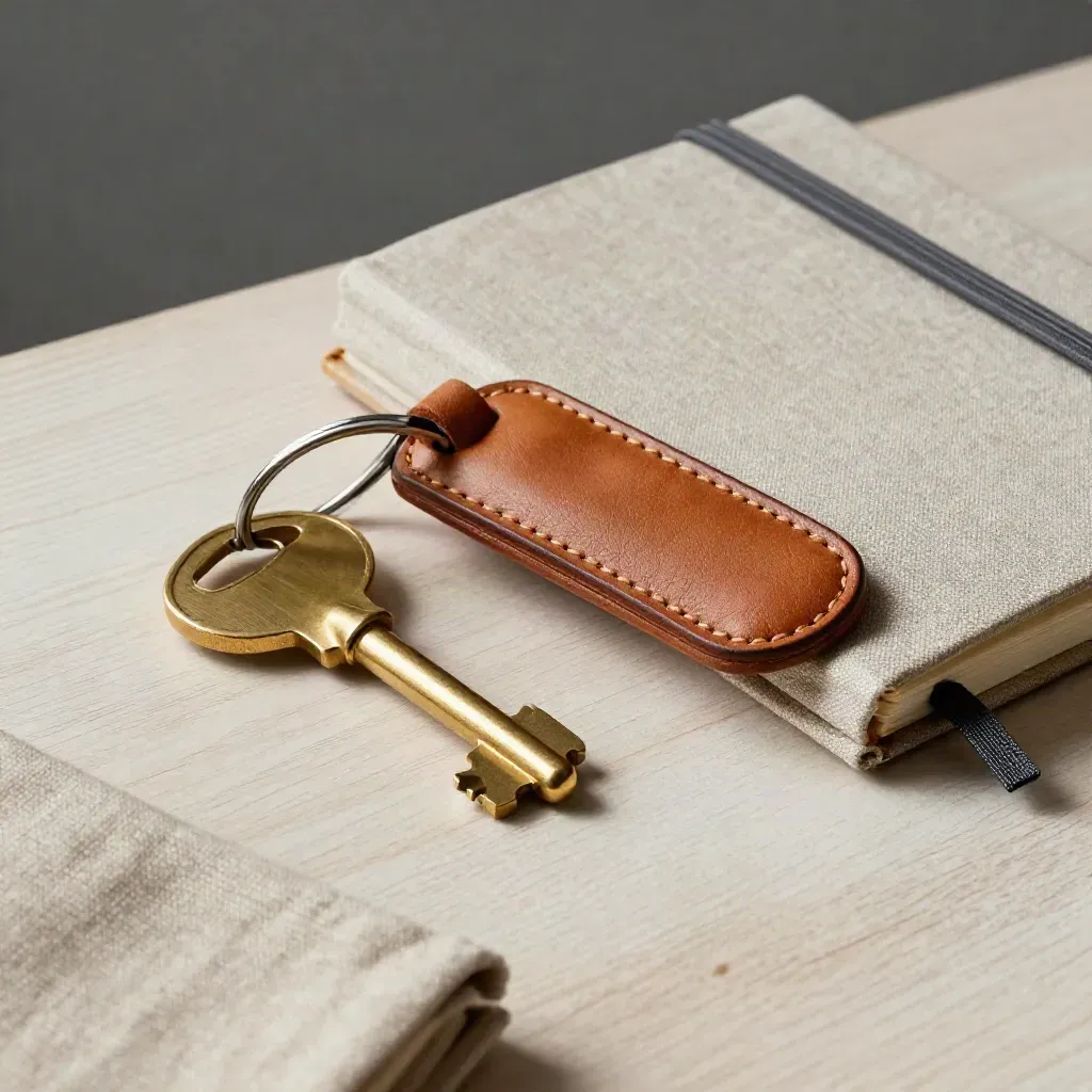 Chiave in ottone, portachiavi in pelle e taccuino in lino su legno chiaro.