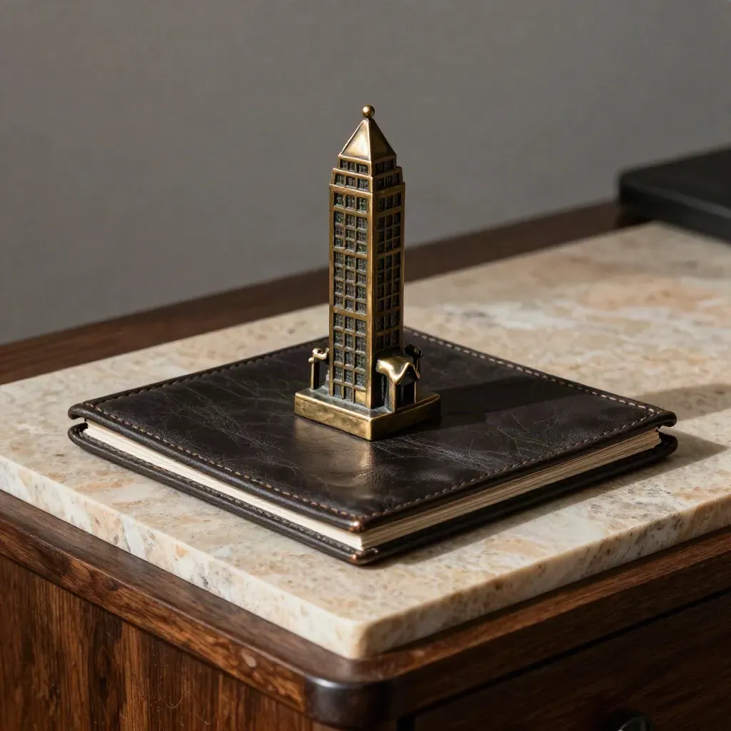 Folios in pelle, calamaio scuro e scultura bronzea di edificio su travertino, luce drammatica