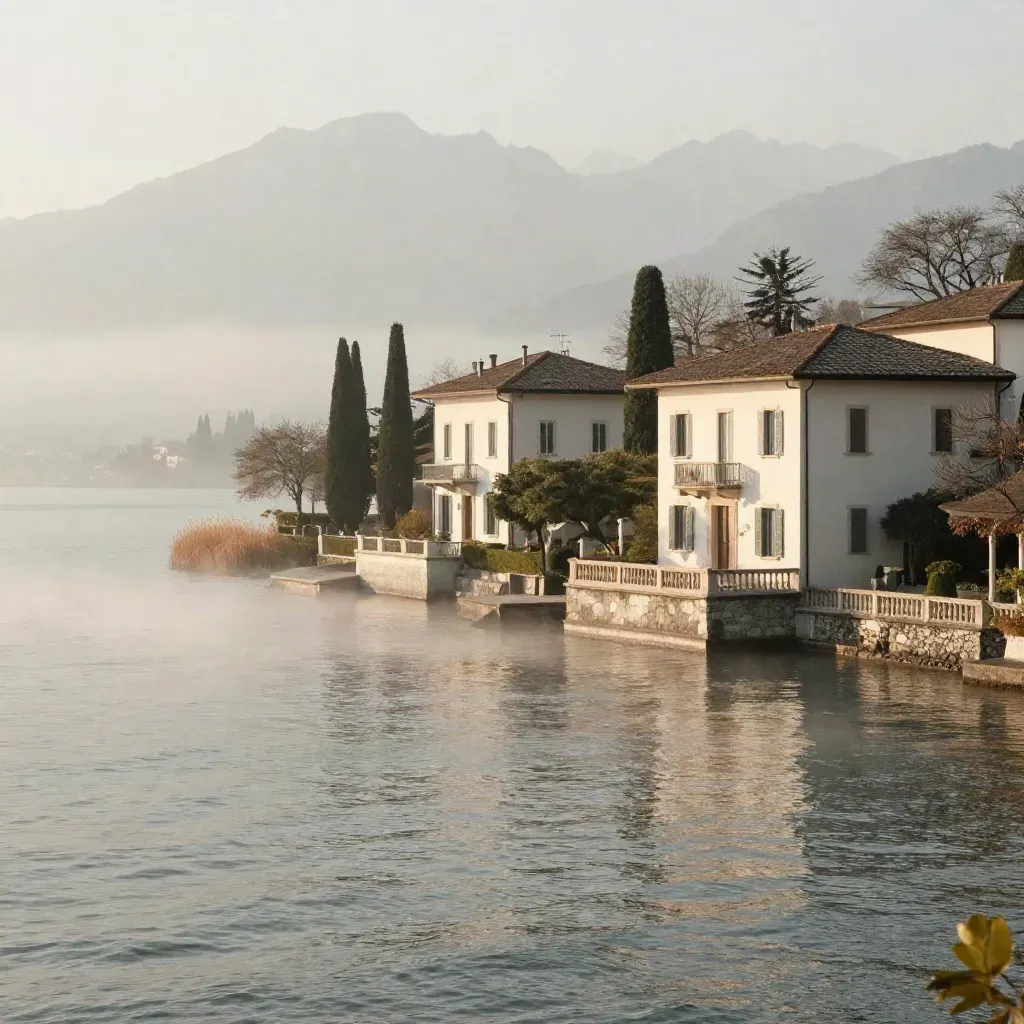 Ville bianche sul lago lombardo, cipressi e Alpi lontane nella foschia del mattino.