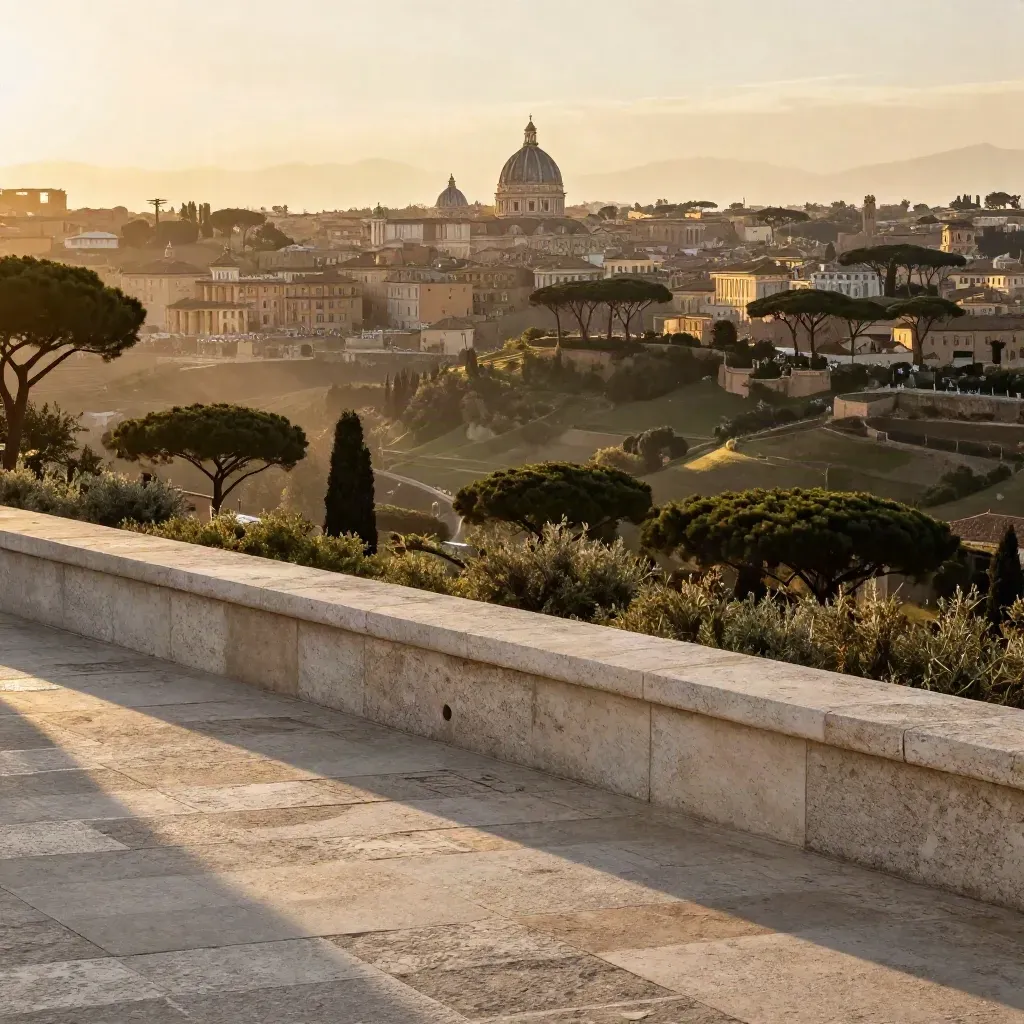 Veduta del Lazio al tramonto con cupole di Roma, pini e terrazza collinare di Frascati.