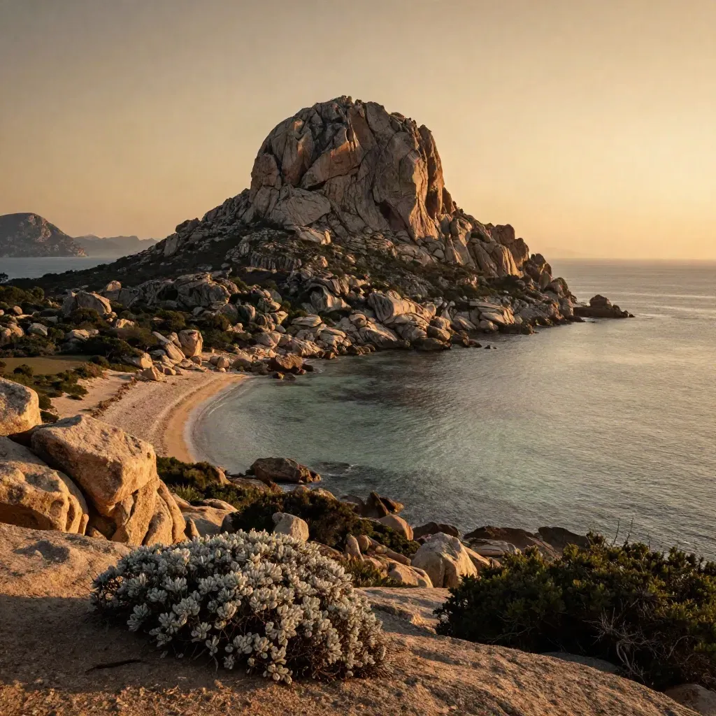 Promontorio granitico della Sardegna al tramonto, mare calmo e macchia mediterranea
