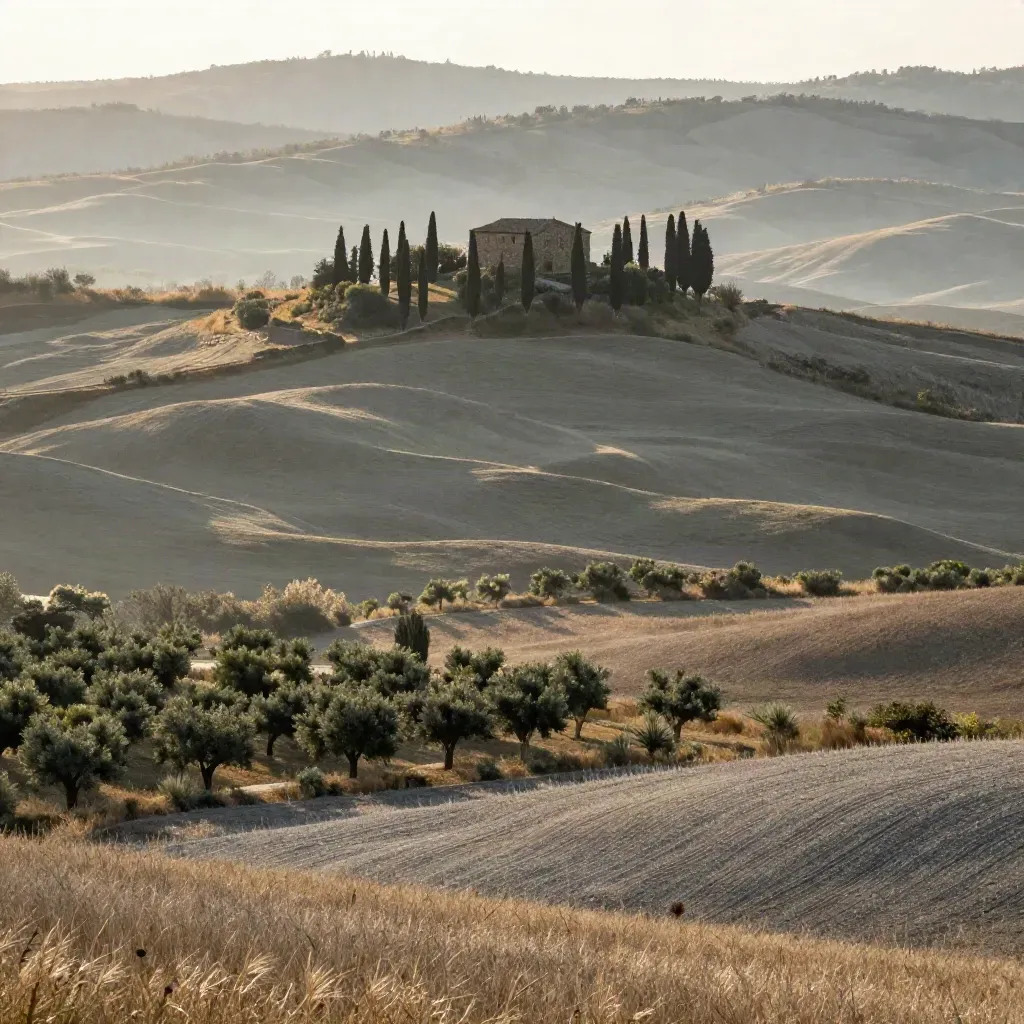 Colline toscane all’alba con cipressi, casa in pietra e nebbia bassa.