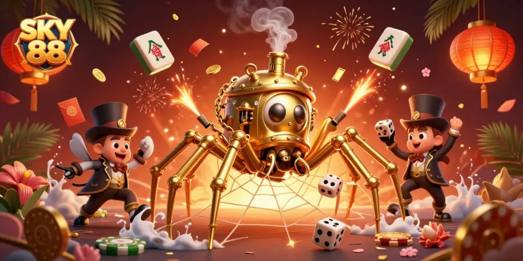 Experience the excitement of SKY 88 with a steampunk spider scene weaving fortune in a vibrant casino setting.