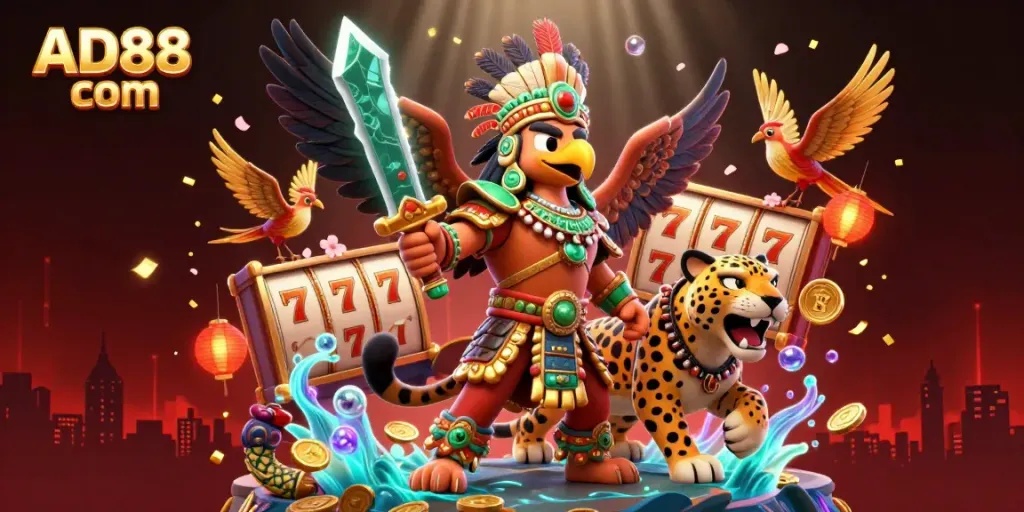 Explore the excitement of AD88 com with an Aztec warrior scene filled with slot game elements.