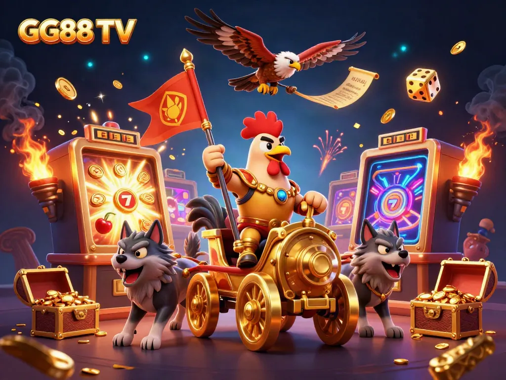 Experience the excitement at GG88 TV with a vibrant scene of a cartoon rooster warlord leading a treasure-filled casino adventure.