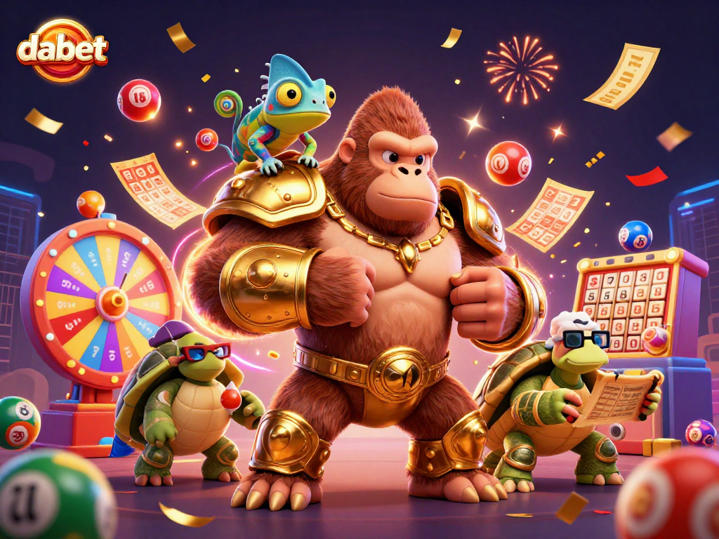 Engage with dabet's vibrant lottery scene featuring animated characters, bouncing lottery balls, and festive effects.