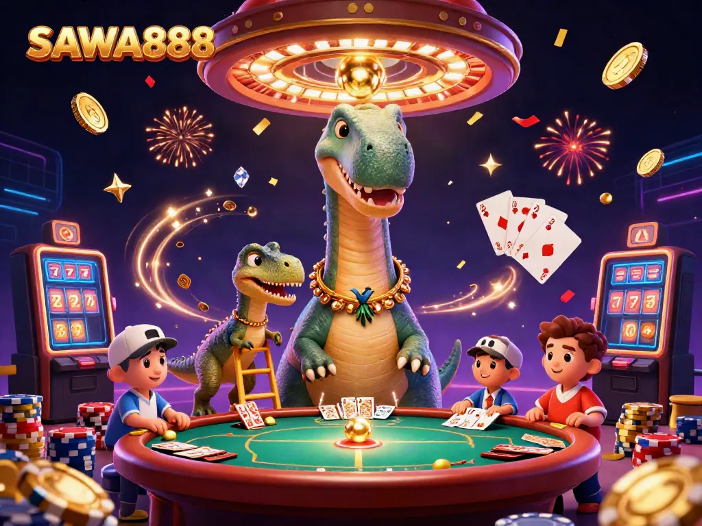 Experience the excitement of SAWA888 with vibrant casino-themed characters and dynamic game elements.