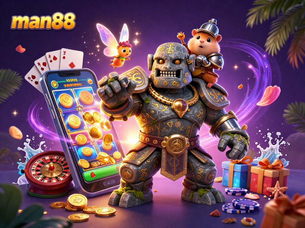 Experience exciting gameplay with man88's energetic characters in a vibrant casino setting.
