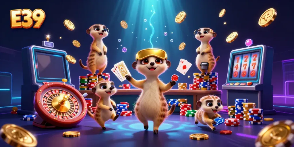 Engaging E39 casino scene showcases meerkats managing games, spinning roulette, and flying coins.