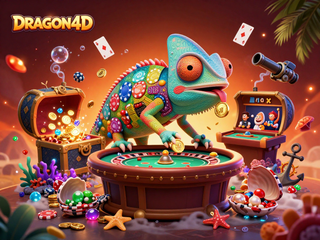 Engage with DRAGON4D's vibrant casino world featuring a chameleon owner and gold treasures.