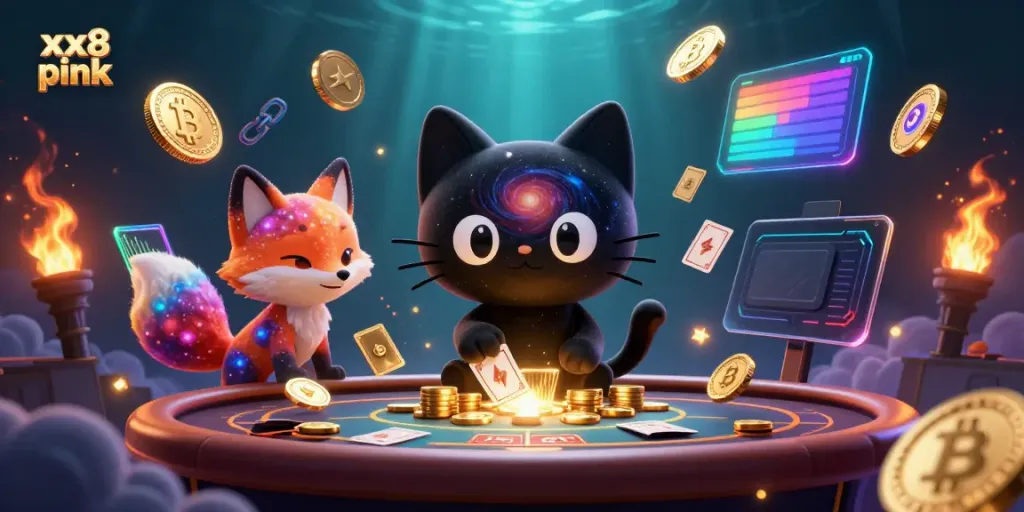 Engage in exciting gameplay with xx8 pink at a vibrant cosmic casino table, featuring glowing game elements.
