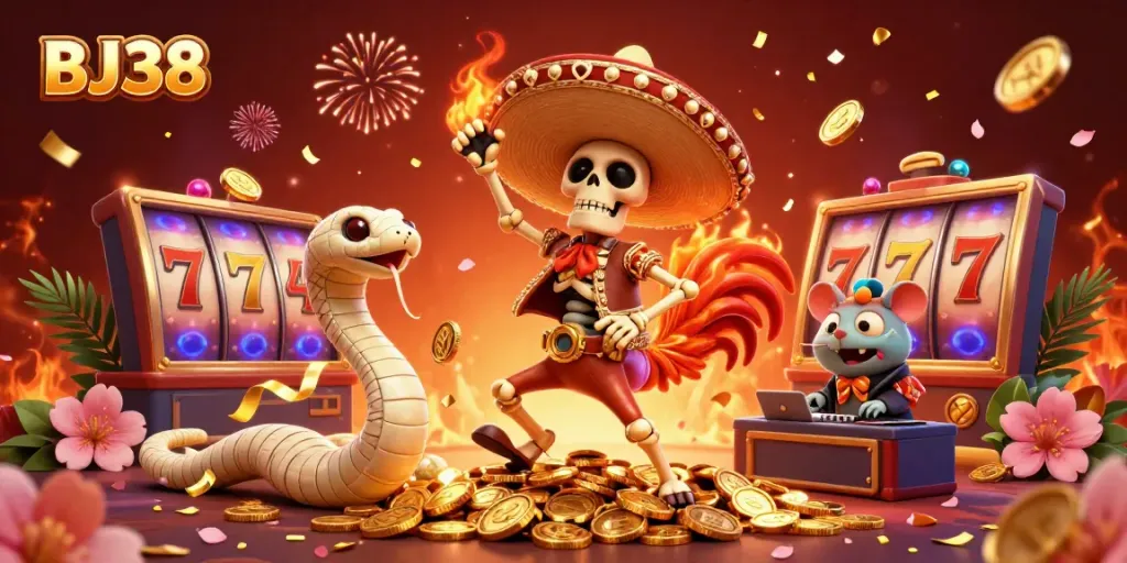 Experience the thrilling victory dance of BJ38 with a mariachi rooster, mummy snake, and zombie DJ among slot reels and fireworks.