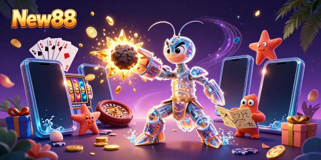 Engage in exhilarating gaming with New88's vibrant 3D casino scene showcasing colorful slot games and dynamic gameplay.