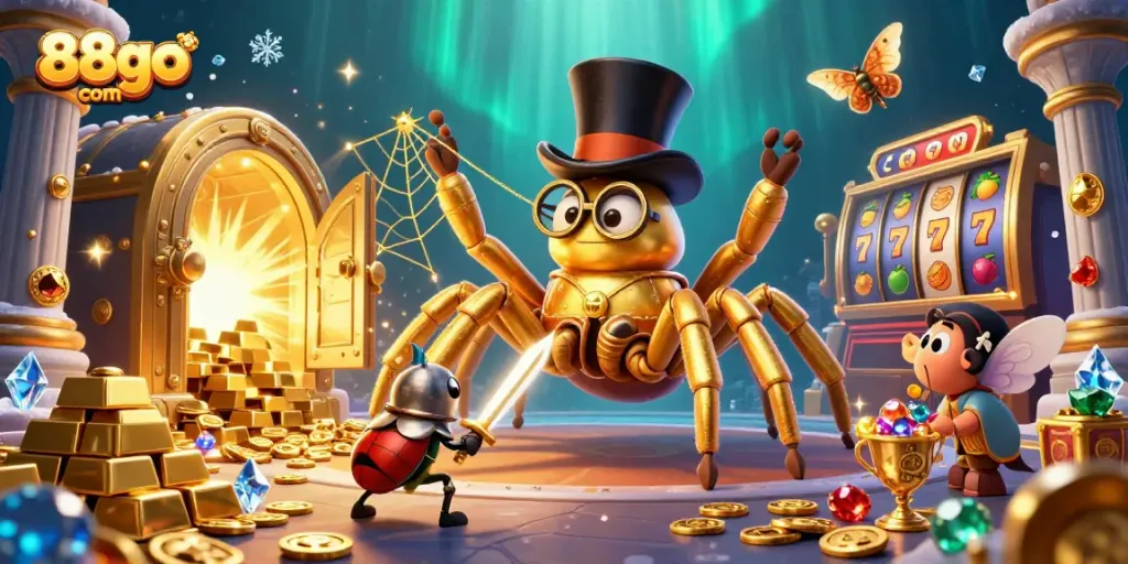 Experience the thrill at 88go com with an enchanting casino-inspired 3D scene filled with vibrant characters and elements.