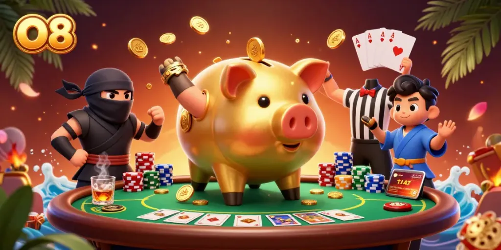 Experience the thrill of O8 with dynamic characters in a vibrant casino scene filled with action.