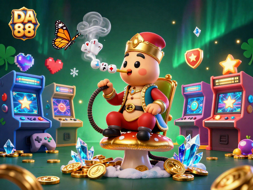 Experience the thrill at DA 88 casino with a vibrant 3D illustration featuring a caterpillar poker master.