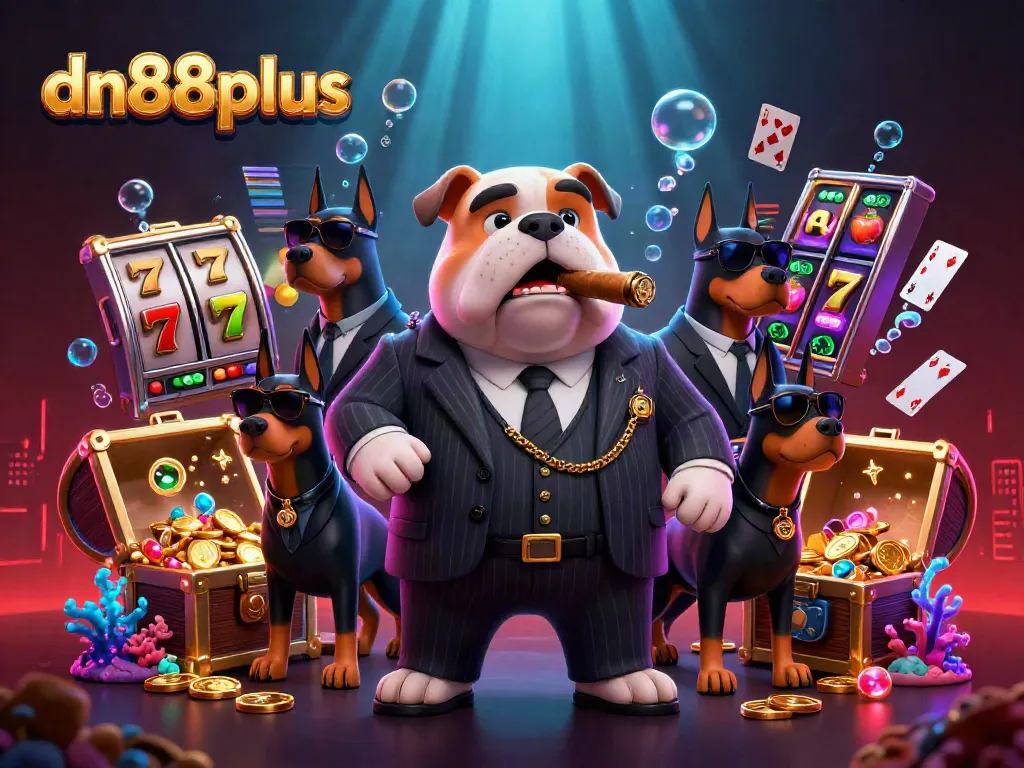 Experience thrilling wins with dn88plus as a bulldog mafia boss and bodyguards celebrate at a slot machine paradise!