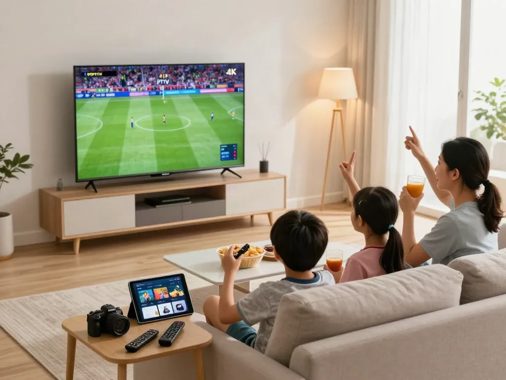 Miglior IPTV family watching a live sports game together in a cozy living room.