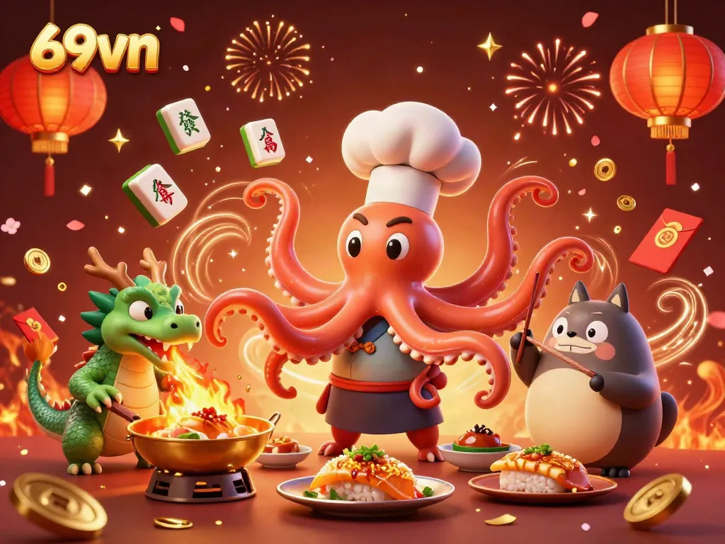 Experience the vibrant world of 69vn with a sushi chef octopus, a dragon, and a tanuki amid festive elements.