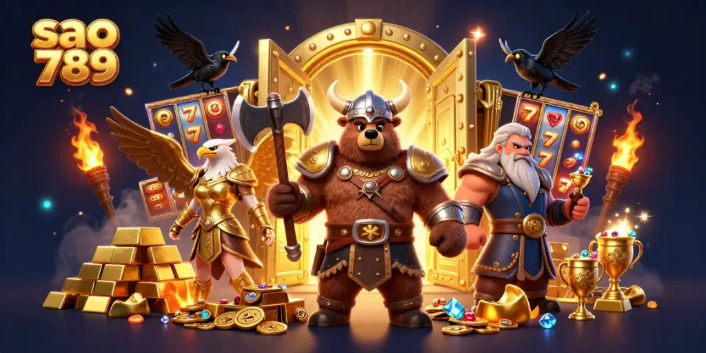 Sao 789 engaging players with a vibrant Viking-themed online casino illustration featuring a treasure vault.