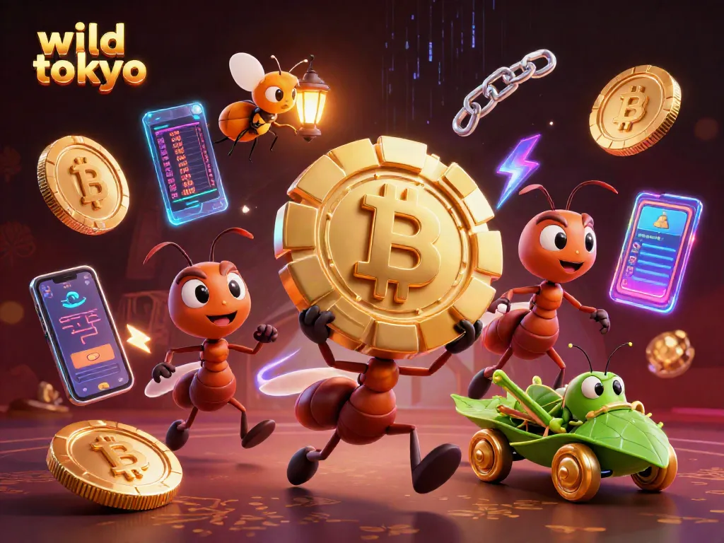 Ants carrying a golden poker chip at wild tokyo casino, illuminated by cryptocurrencies and vibrant elements.