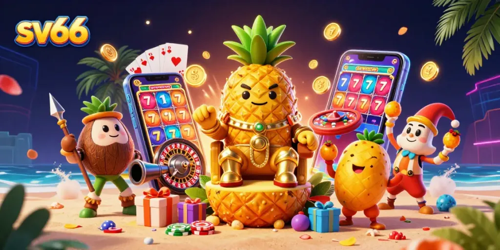 Spin and win with sv66's vibrant casino scene featuring the golden pineapple king and rich gaming elements.