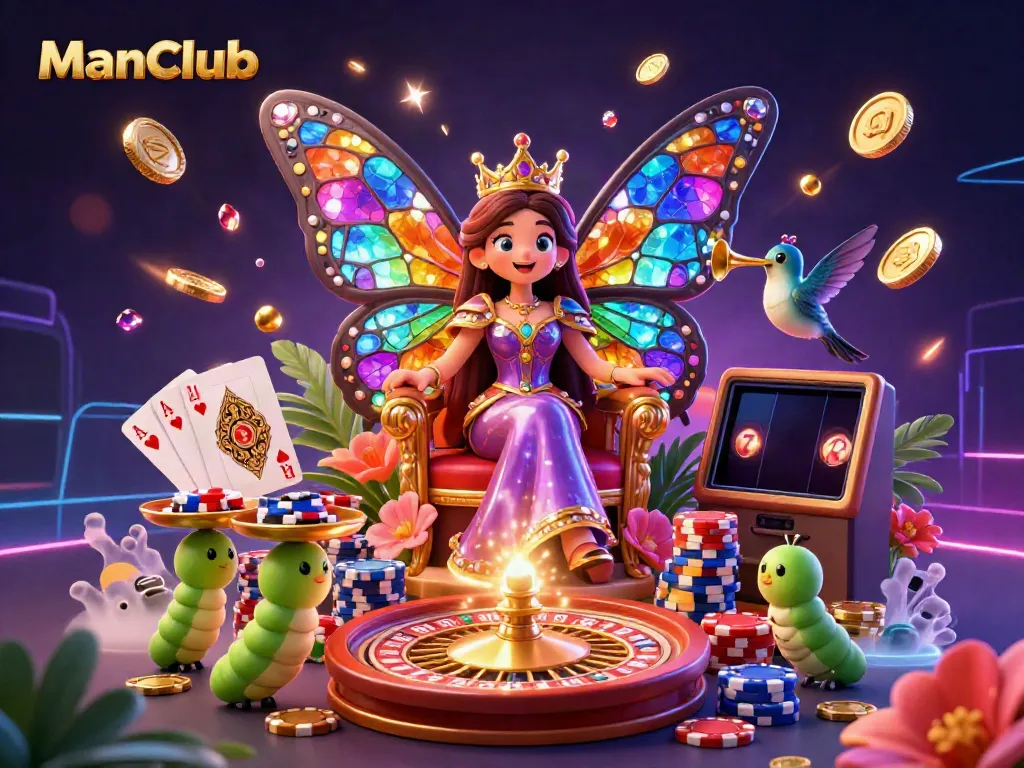 Experience exhilarating gambling with ManClub's vibrant 3D illustration featuring colorful elements and the butterfly queen.