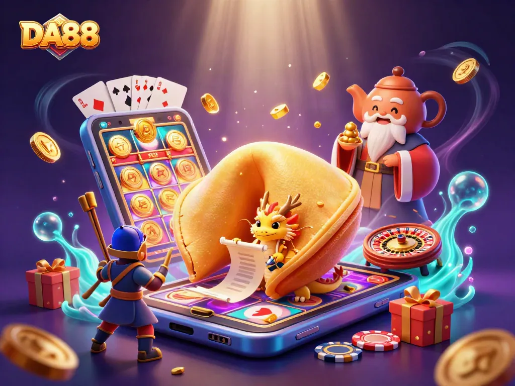 Experience DA88's vibrant casino atmosphere with a golden fortune cookie, wise dragon, and exciting slot games.