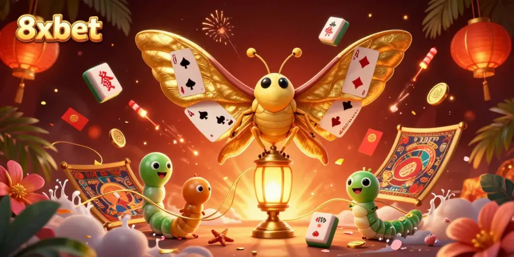 Experience vibrant casino excitement with 8xbet's enchanting illustration of gaming elements and golden motifs.