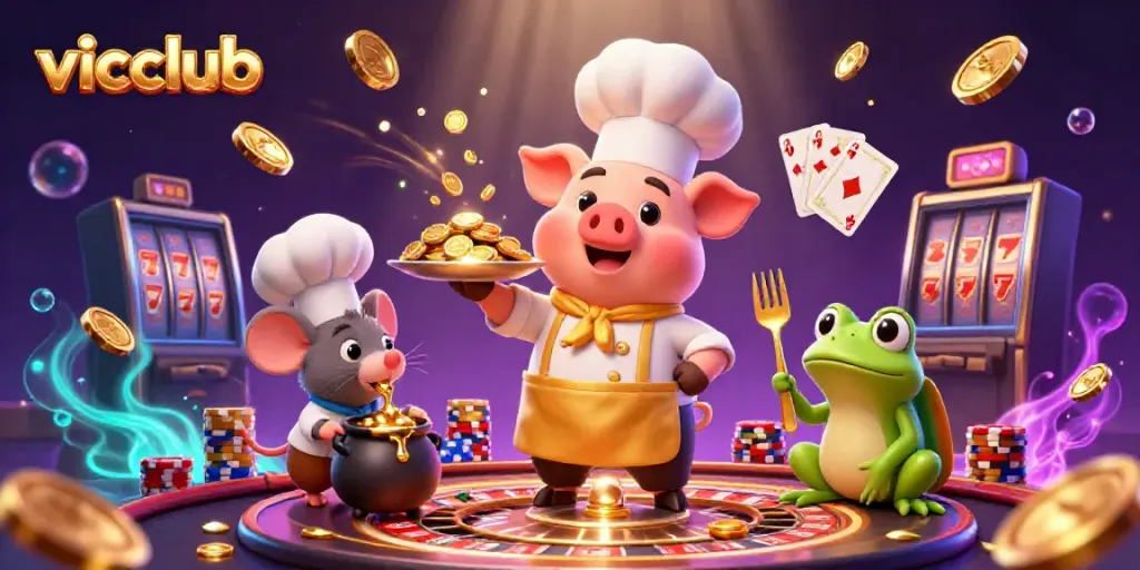 Experience the excitement of vicclub with a gourmet-themed casino scene featuring vibrant 3D characters and dynamic gaming elements.