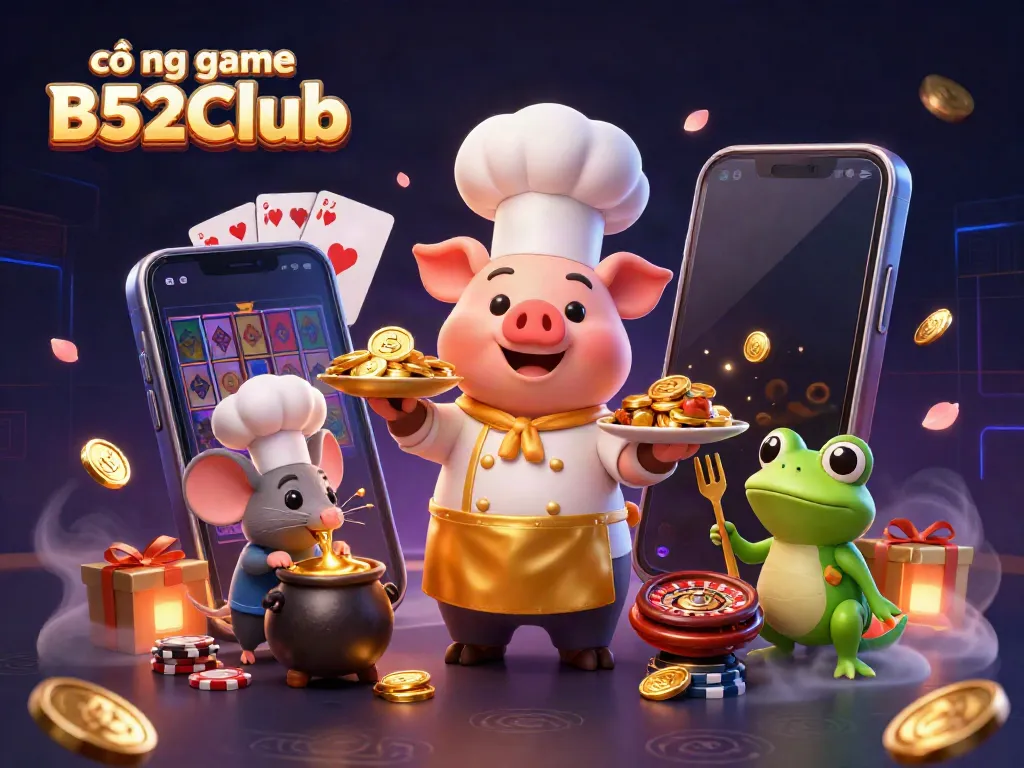 Play exciting games at cổng game B52Club with a vibrant casino-themed scene featuring gold coins and dynamic characters.
