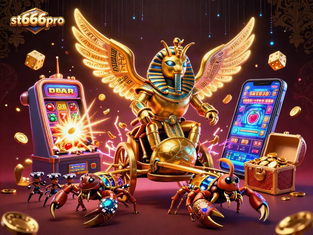 Experience thrilling wins at st666pro with a glittering 3D illustration of a pharaoh's poker palace.