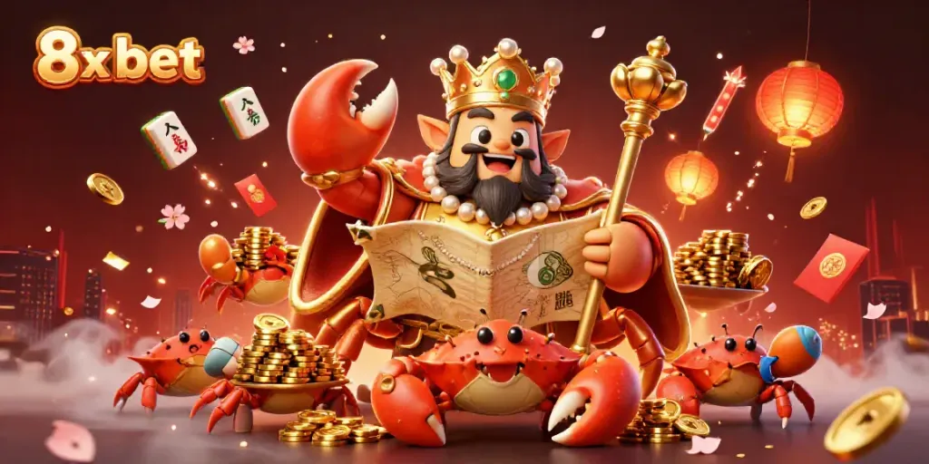 Experience 8x bet excitement with the golden crab emperor amidst rich casino elements in vivid detail.