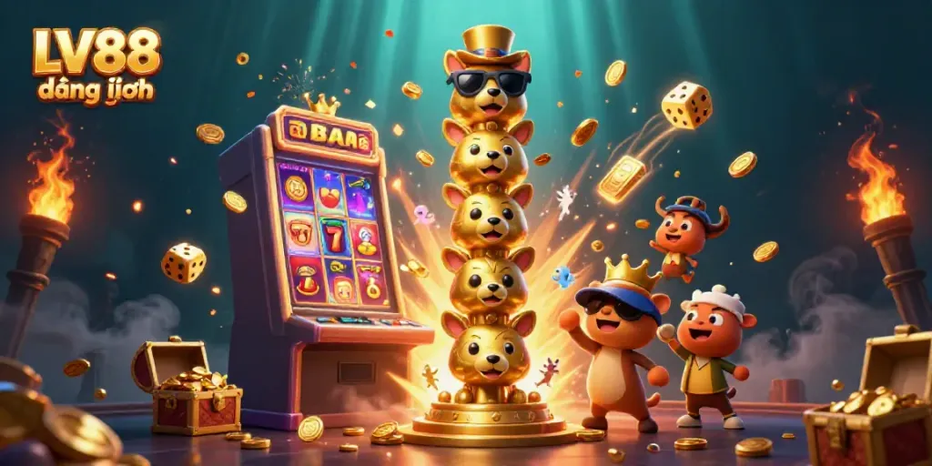 Experience the excitement of LV88 đăng nhập with vibrant slots and casino action in this detailed illustration.