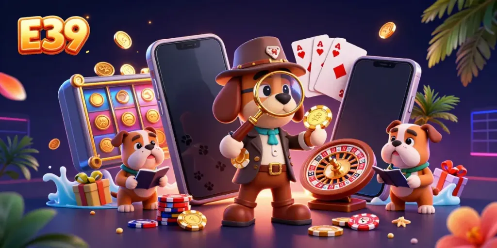 Trải nghiệm E39 với cảnh con chó thám tử tìm hiểu chip poker trong khung cảnh sòng bạc đầy màu sắc.