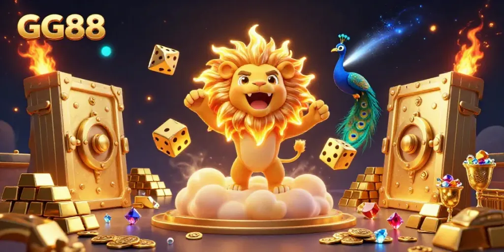 Enjoy exciting GG88 gaming adventures with vibrant 3D casino elements, including the roaring sun lion and golden treasures.