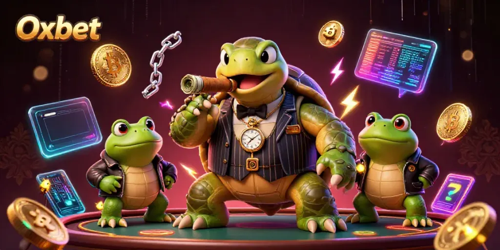 Engage with thrilling Oxbet casino action amidst a vibrant, dynamic gaming scene featuring whimsical turtle and bullfrog characters.