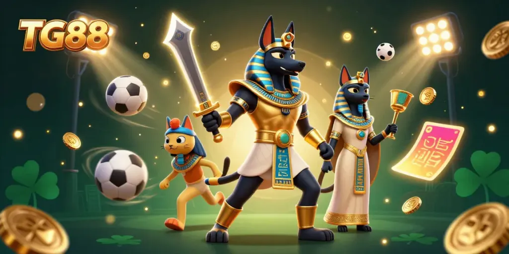 Experience thrilling action at TG88 casino with Anubis and Bastet amid dynamic gaming elements.