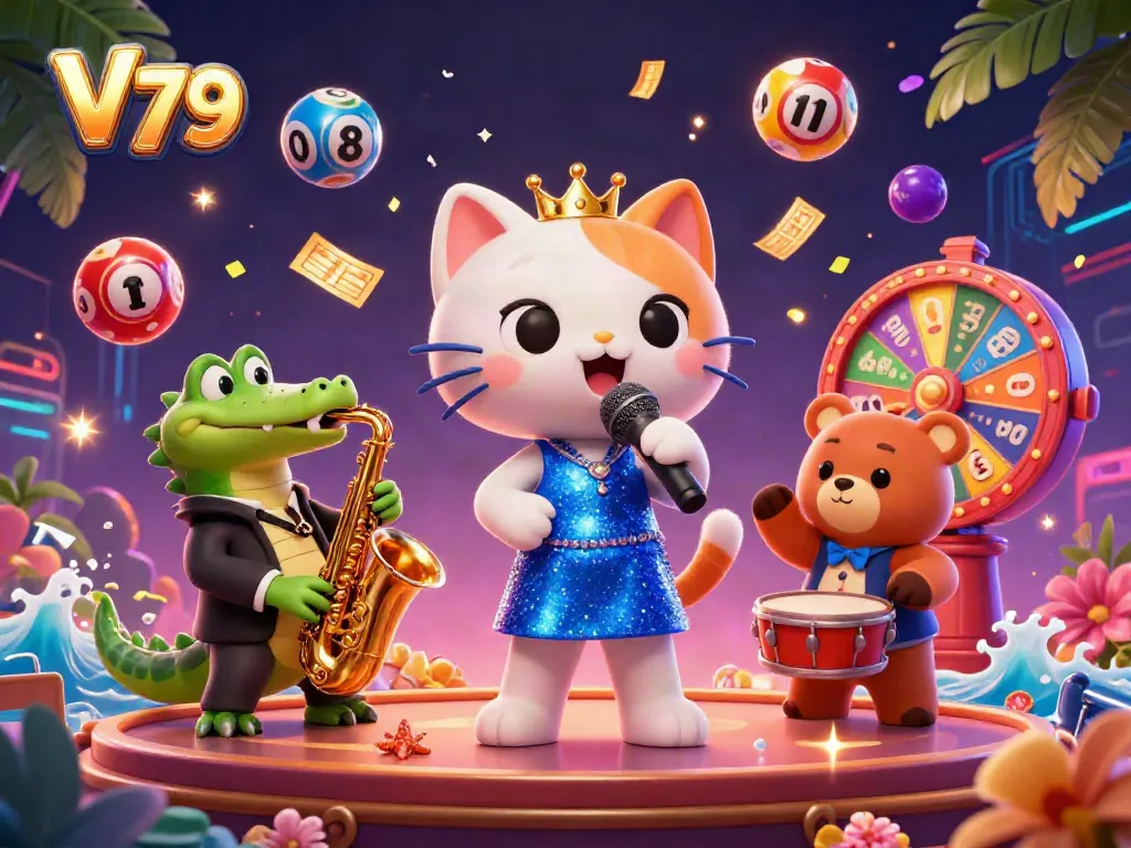 Experience the excitement of V79 with vibrant characters surrounded by lottery balls, tickets, and dynamic casino elements.